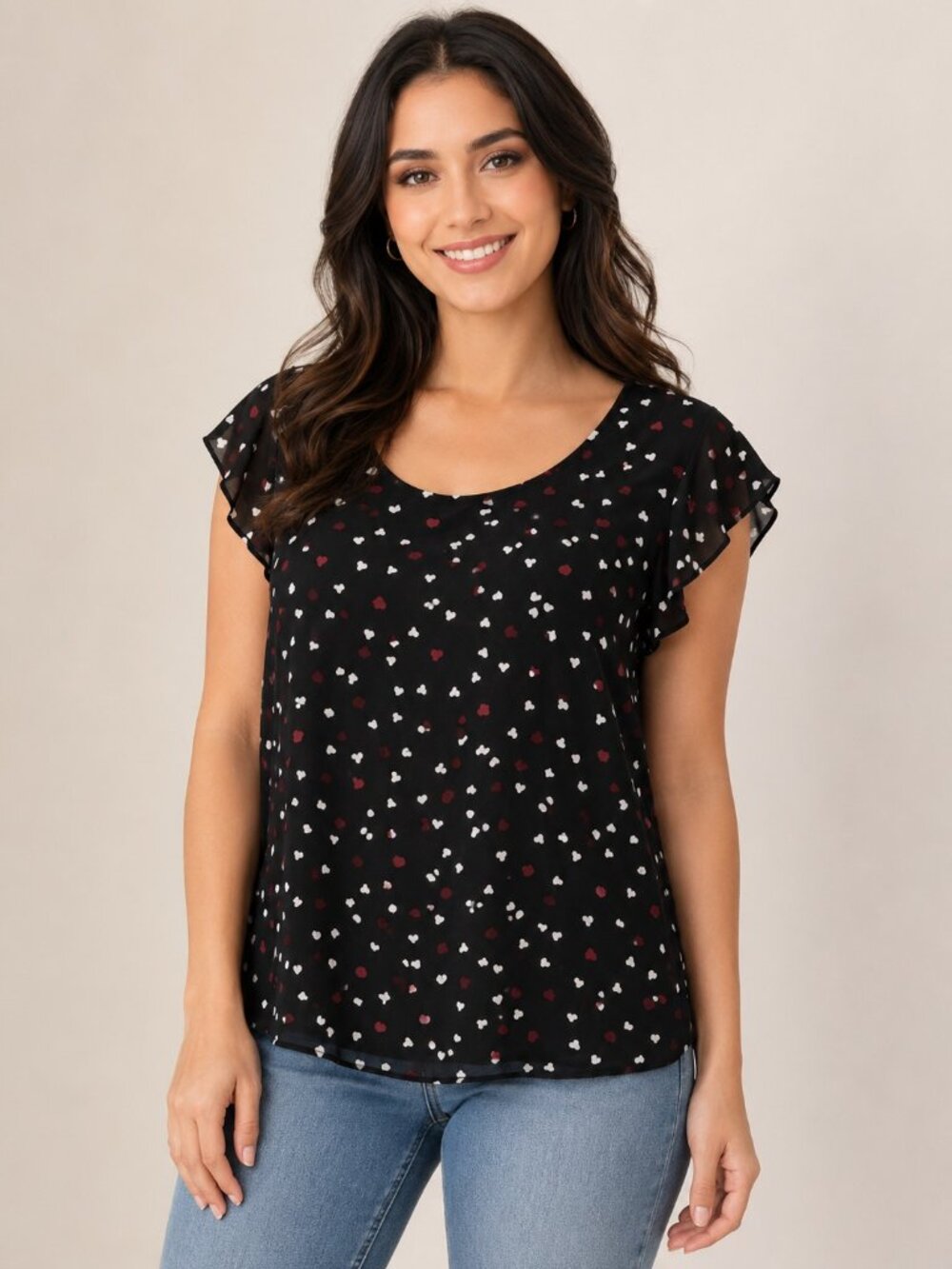 Ricki's Black Heart Print Flutter Sleeve Blouse XL Romantic Office Casual Top